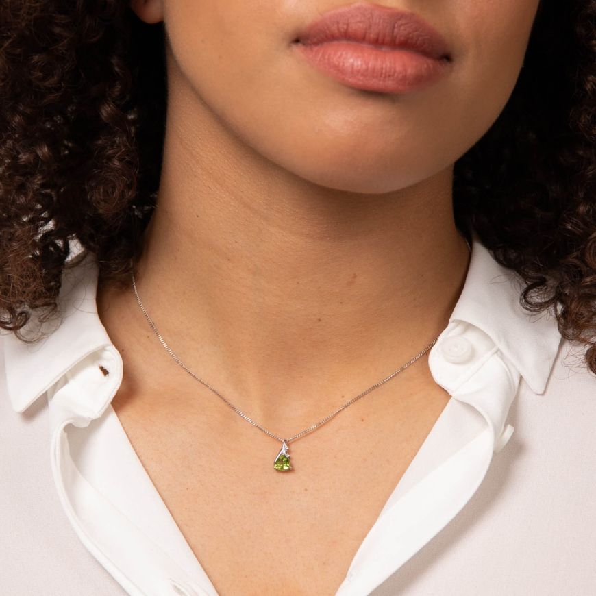 9ct White Gold Trillion Peridot Pendant With White Topaz