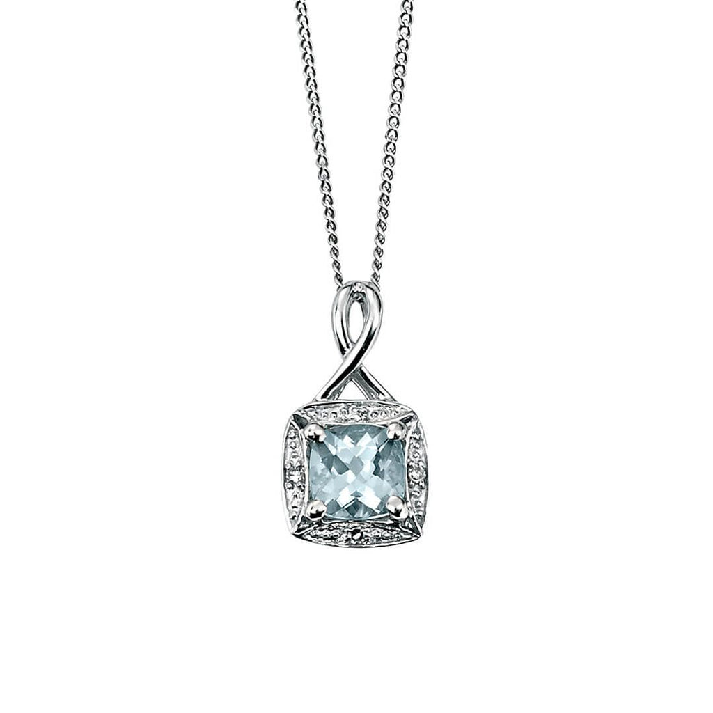 9ct White Gold Diamond & Aquamarine Pendant