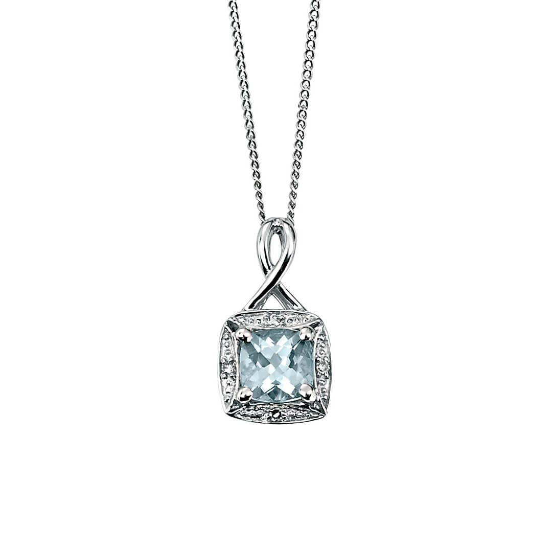 9ct White Gold Diamond & Aquamarine Pendant