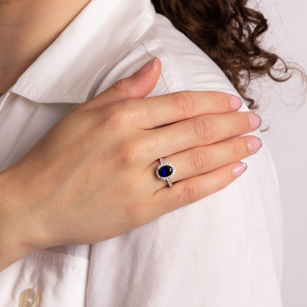 Oval Blue Sapphire Diamonfire Zirconia Ring With Pave Surround R3810