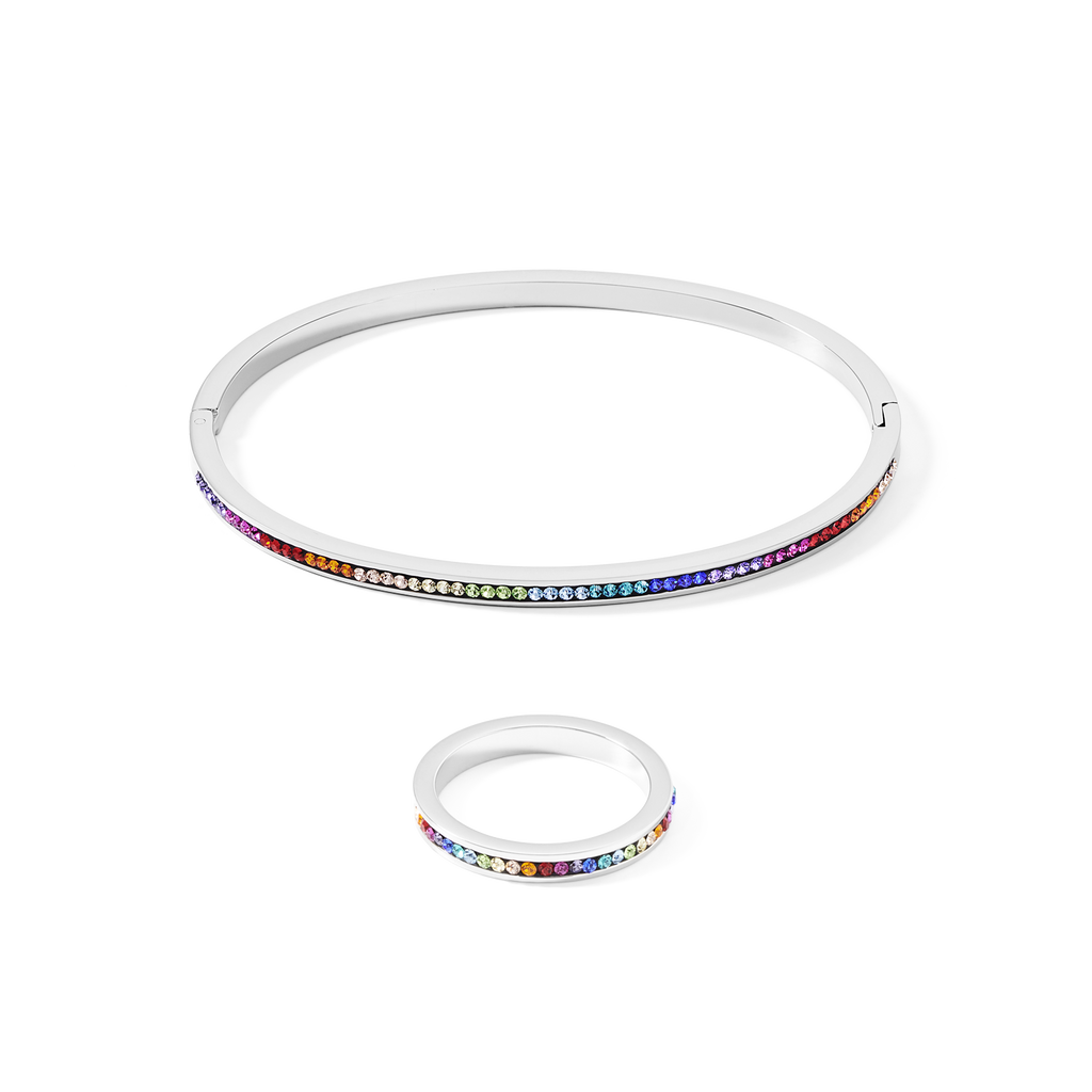 Ring stainless steel silver & crystals pavé multicolour