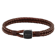 Load image into Gallery viewer, Gents BOSS Seal Braided Brown Leather Bracelet
