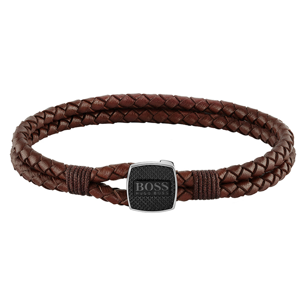 Gents BOSS Seal Braided Brown Leather Bracelet