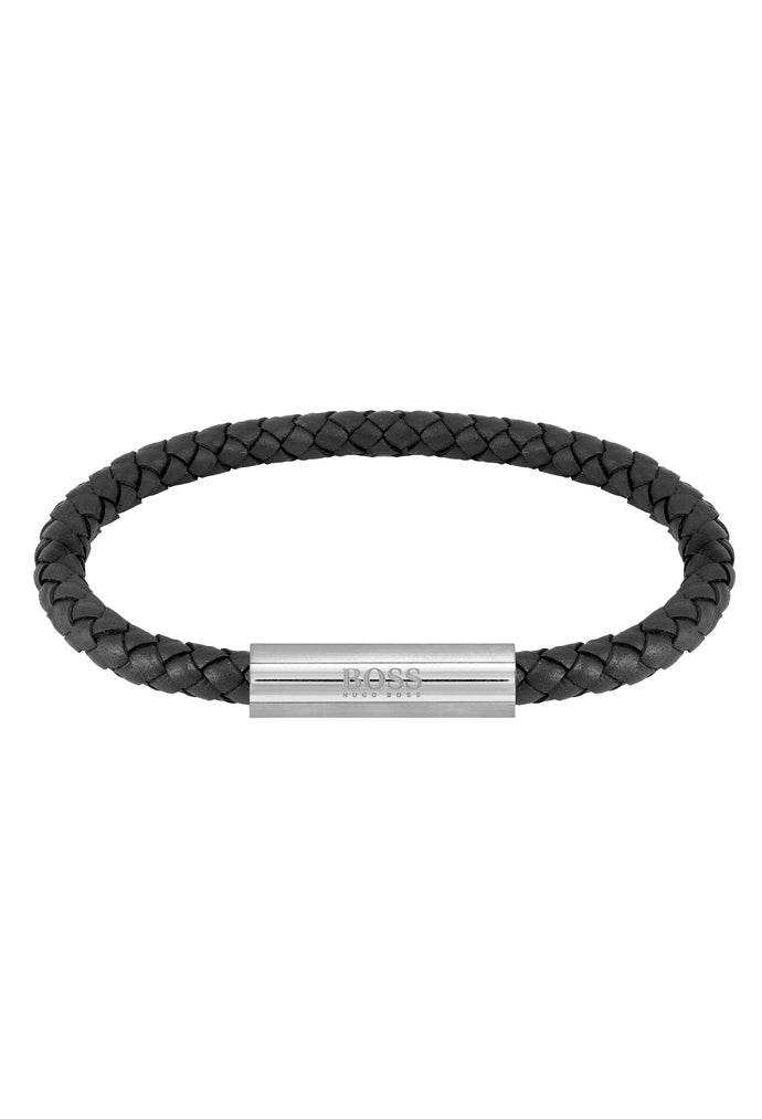 Gents BOSS Braided Black Leather Bracelet