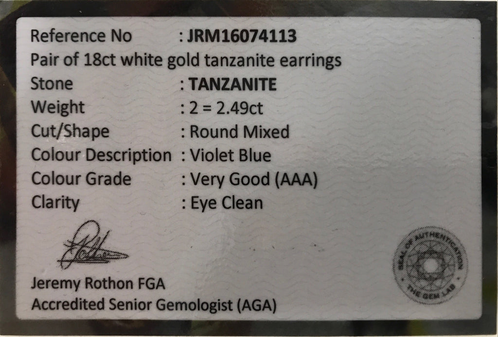 18ct White Gold 2.49tct Tanzanite Earrings