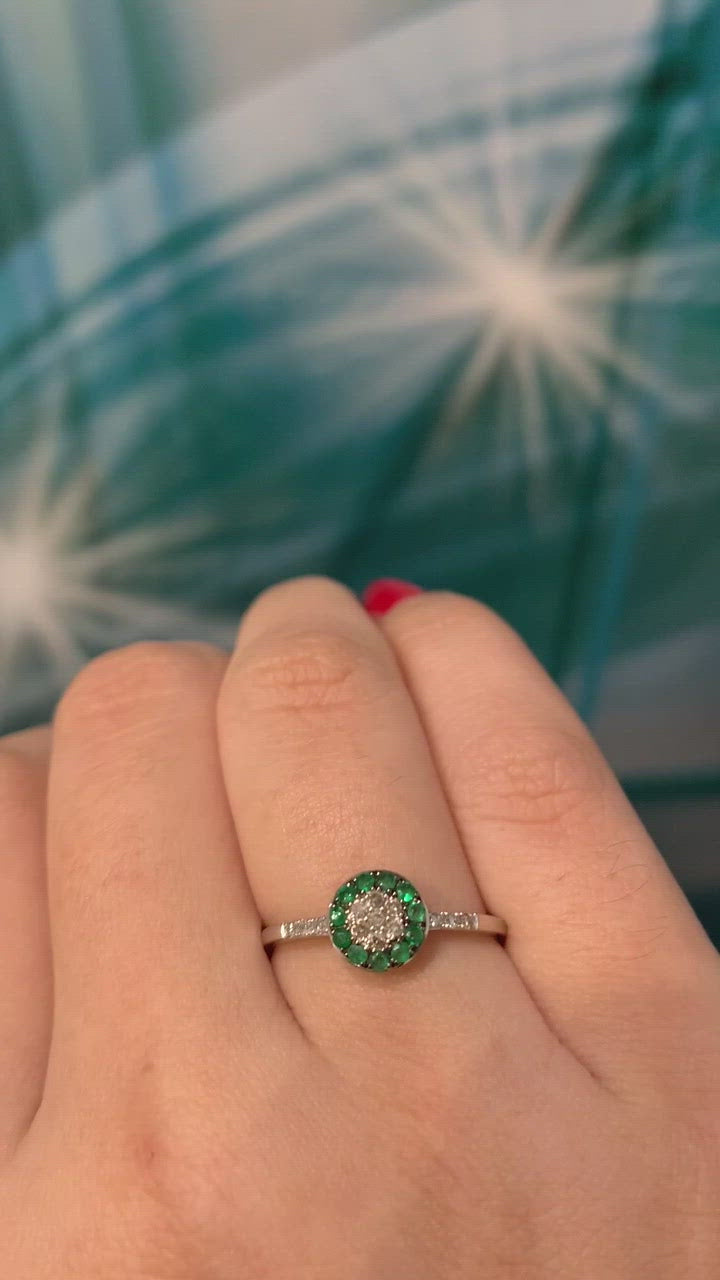 9ct White Gold Diamond and Emerald Cluster Ring