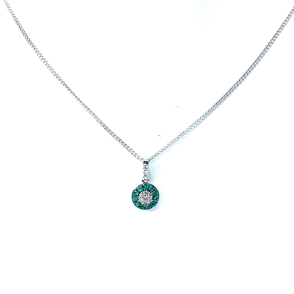 9ct White Gold Emerald and Diamond Cluster Pendant