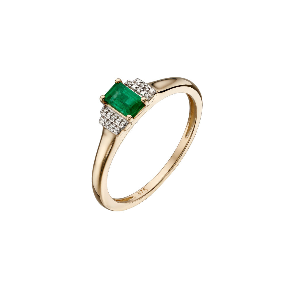9ct Yellow Gold Emerald and Diamond Art Deco Ring