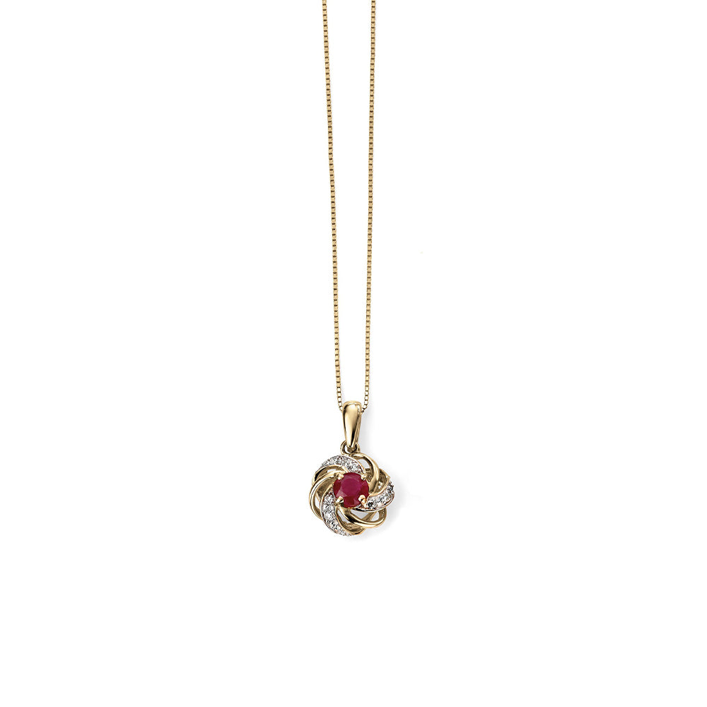 9ct Yellow Gold Ruby and Diamond Cluster Necklace