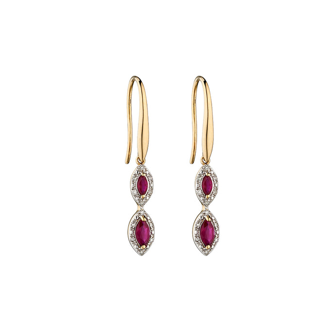 9ct Yellow Gold Ruby and Diamond Drop Earrings