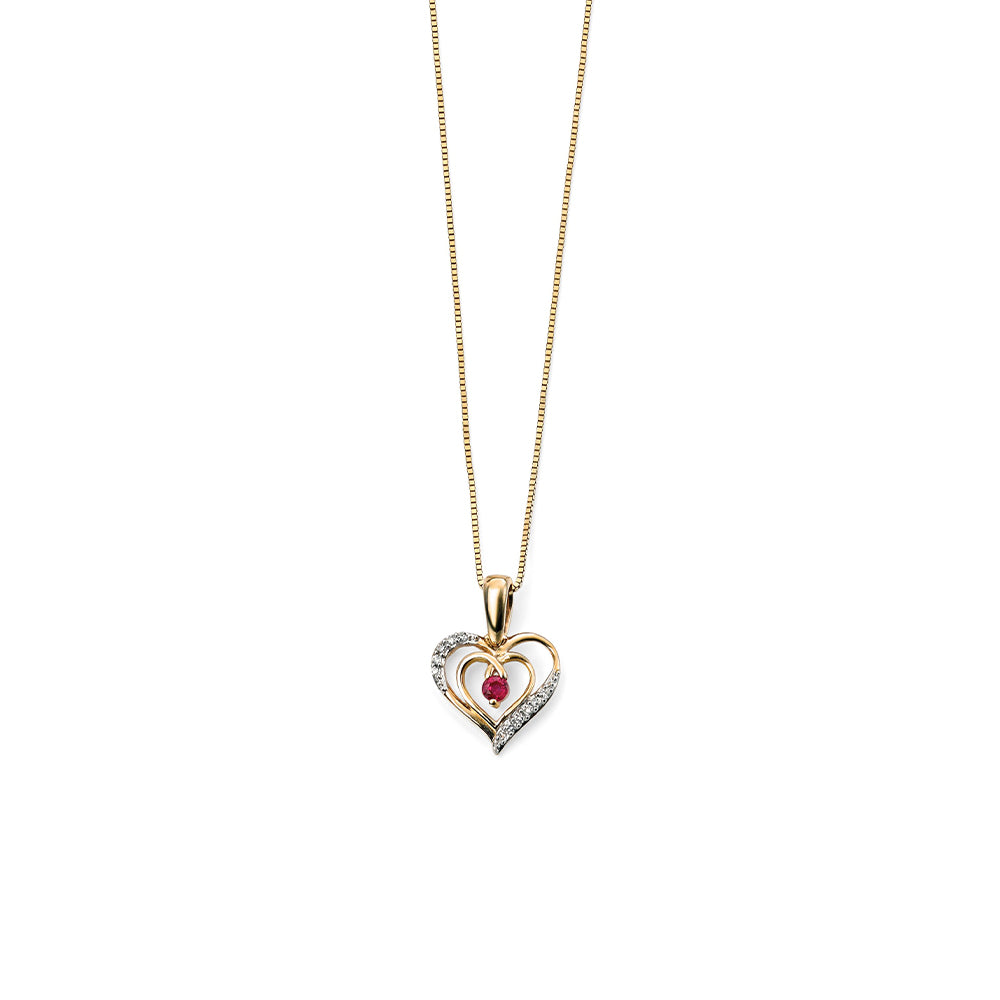 9ct Yellow Gold Ruby and Diamond Heart Necklace