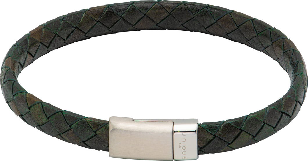 Dark Green Leather Bracelet with Matte Steel Clasp B475DG
