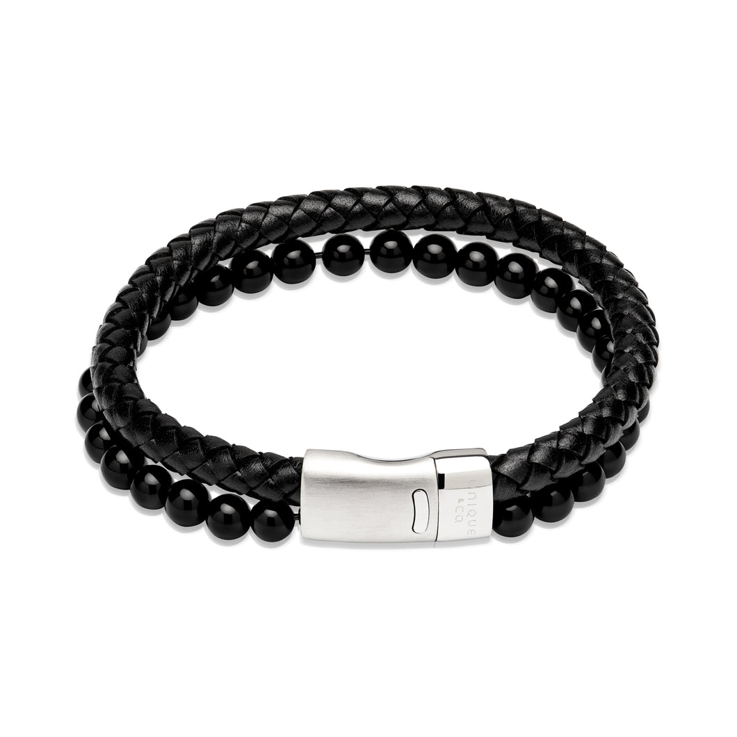 Black Leather bracelet with Black Onyx & Steel Magnetic Clasp B498BL