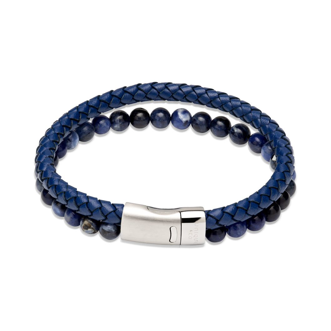 Blue Leather bracelet with Blue Bead & Steel Magnetic Clasp B498BLUE