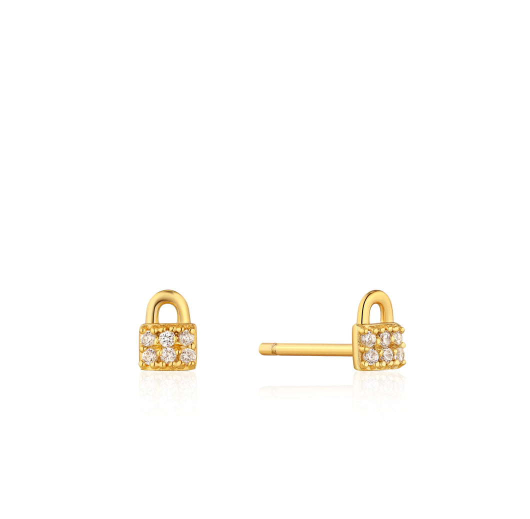 Gold Padlock Sparkle Stud Earrings E032-03G
