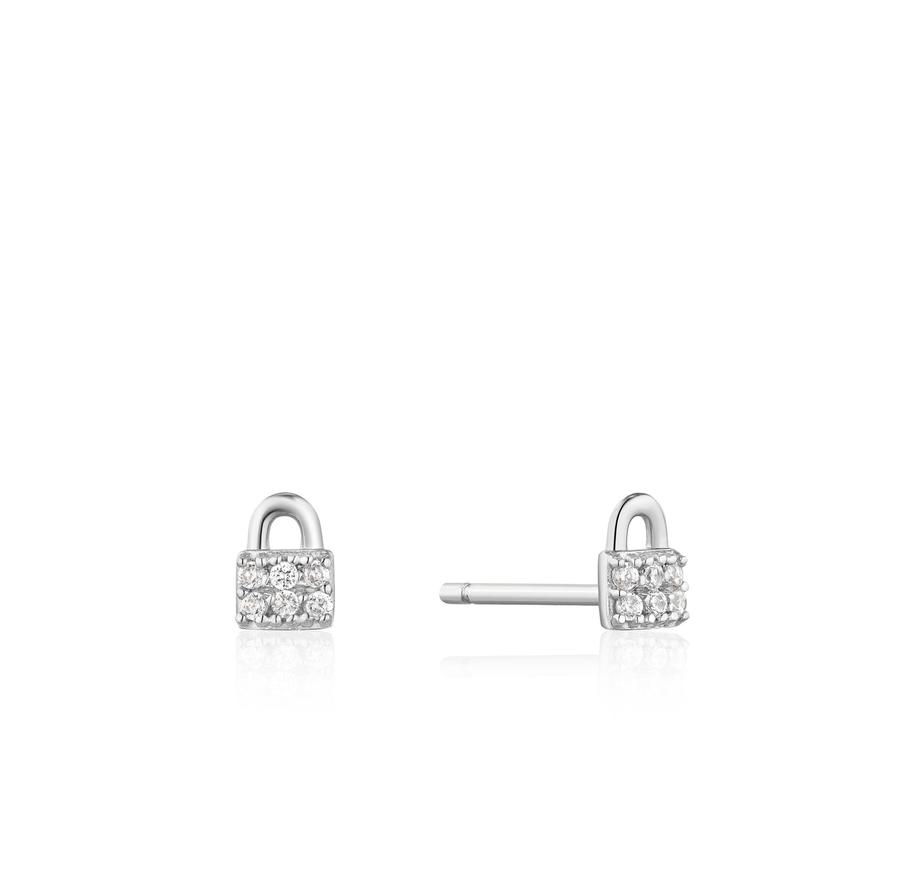 Silver Padlock Sparkle Stud Earrings E032-03H