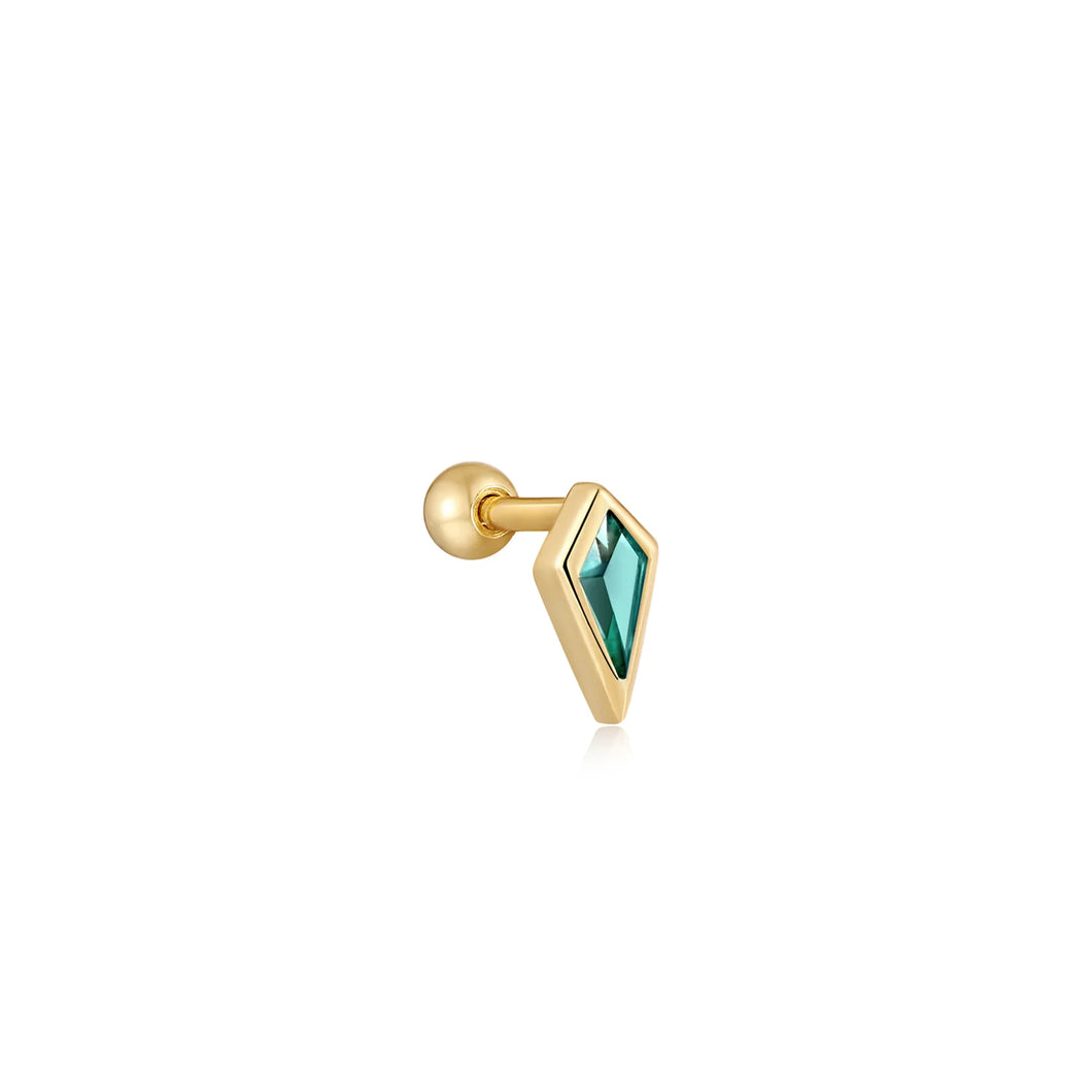 Gold Teal Sparkle Emblem Single Barbell Earring E041-01G-G