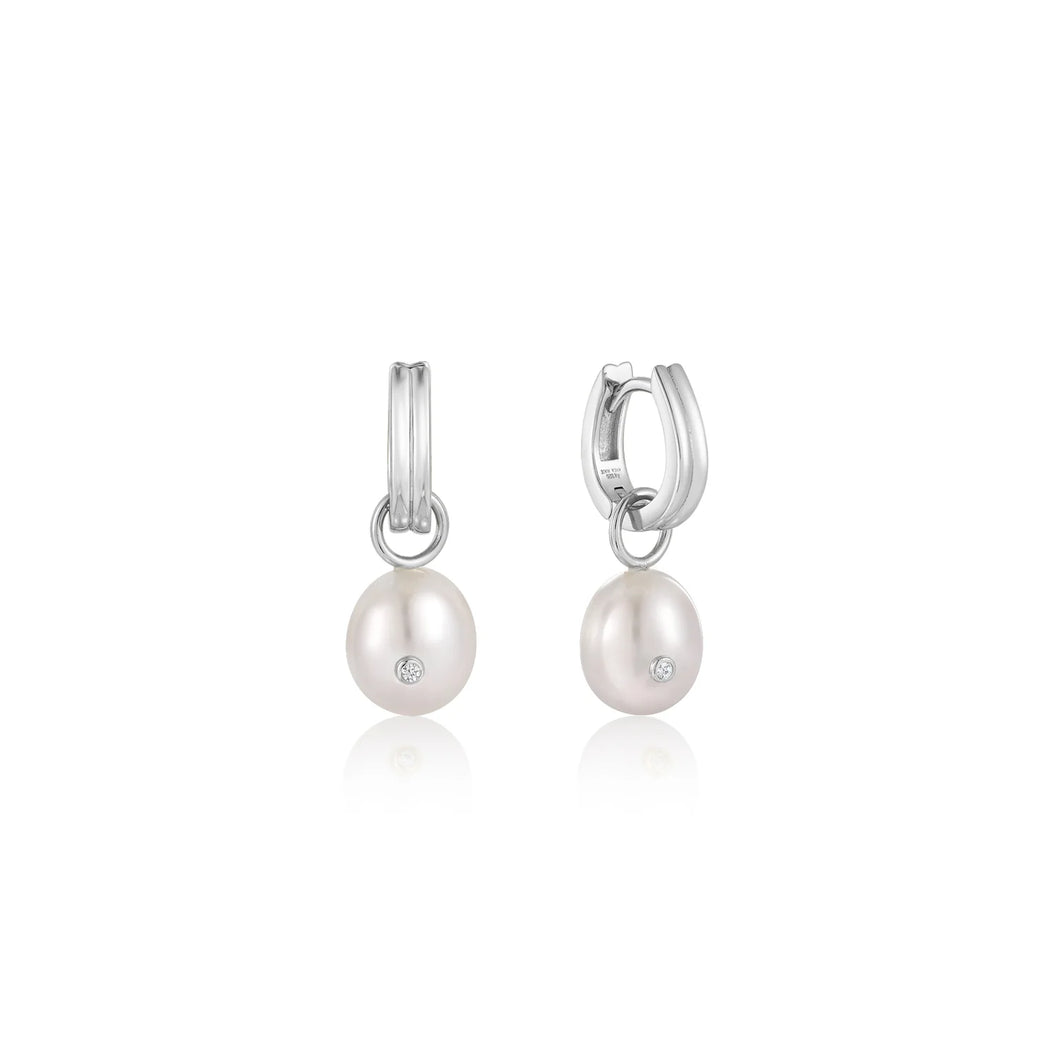 Silver Pearl Drop Sparkle Huggie Hoop Earrings E043-04H