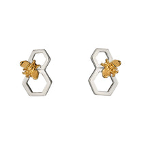 Load image into Gallery viewer, Silver &amp; Gold Honeycomb and Bee Earrings
