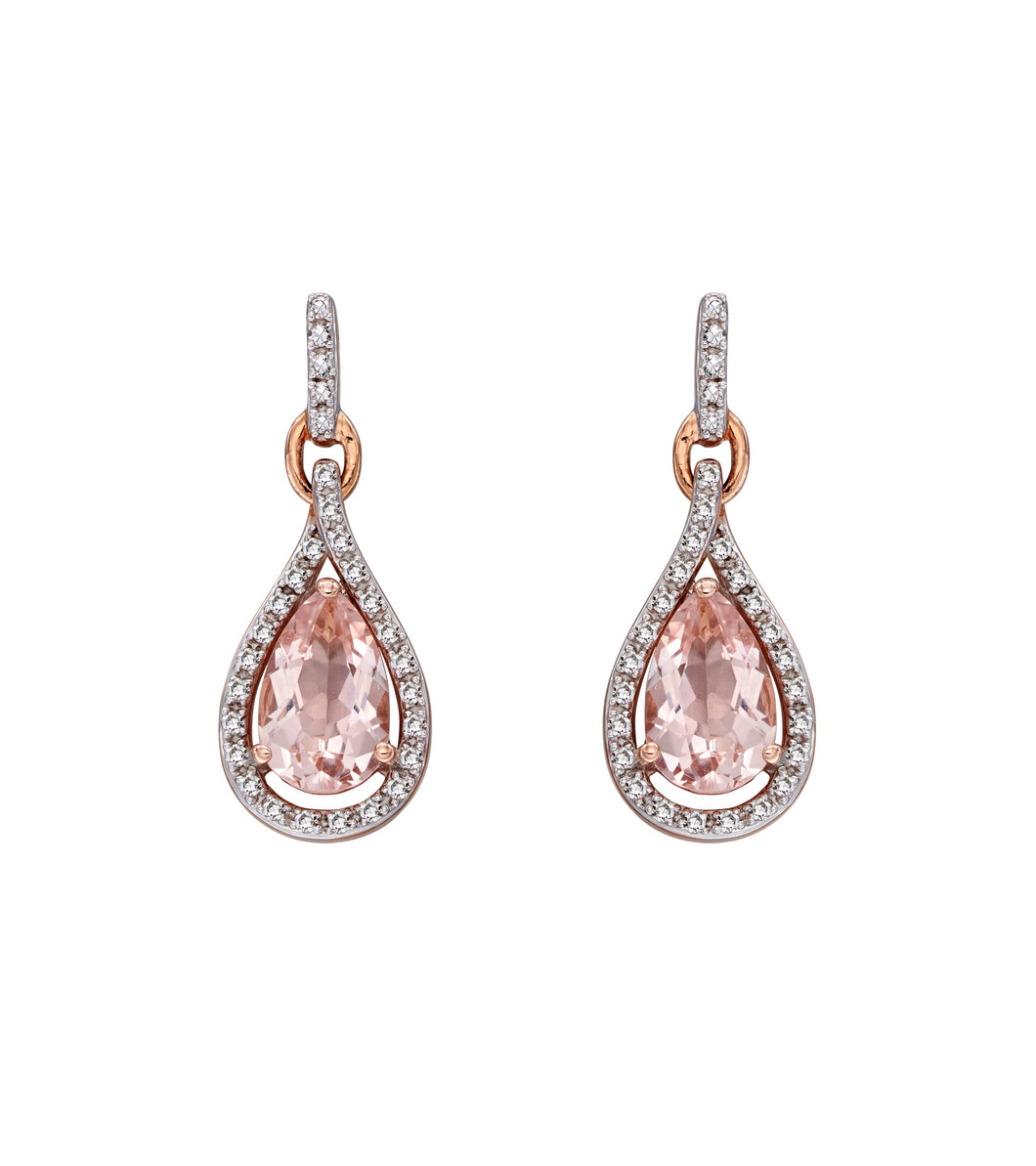 9ct Rose Gold Morganite and Diamond Drop Earrings