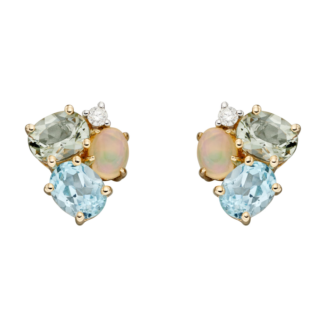 9ct Gold Opal, Blue Topaz & Green Amethyst cluster Earrings