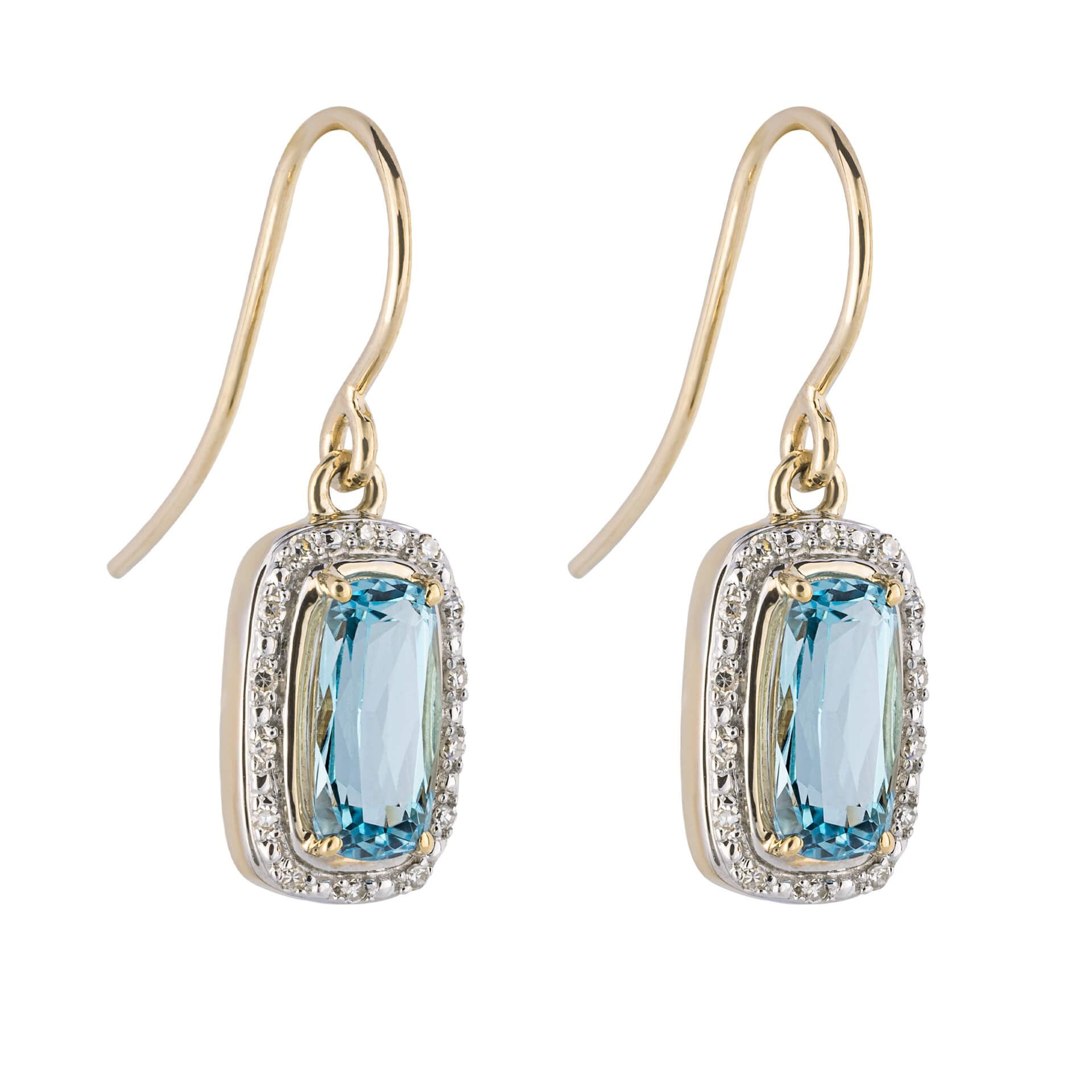 9ct Elongated Sky Blue Topaz And Diamond Surround Drop Earrings