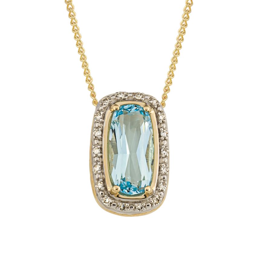 9ct Elongated Sky Blue Topaz & Diamond Surround Drop Pendant