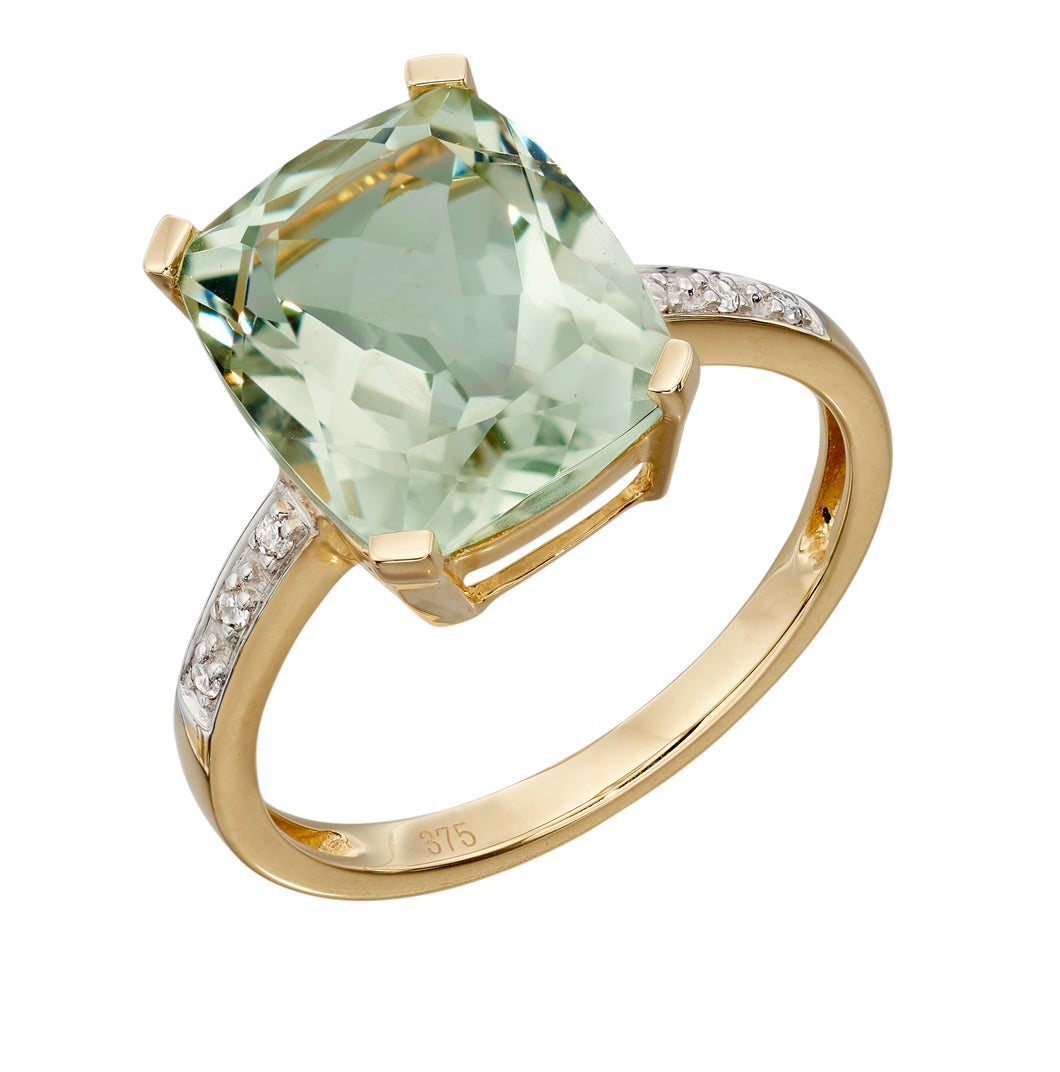 9ct Gold Green Amethyst and Diamond cocktail ring