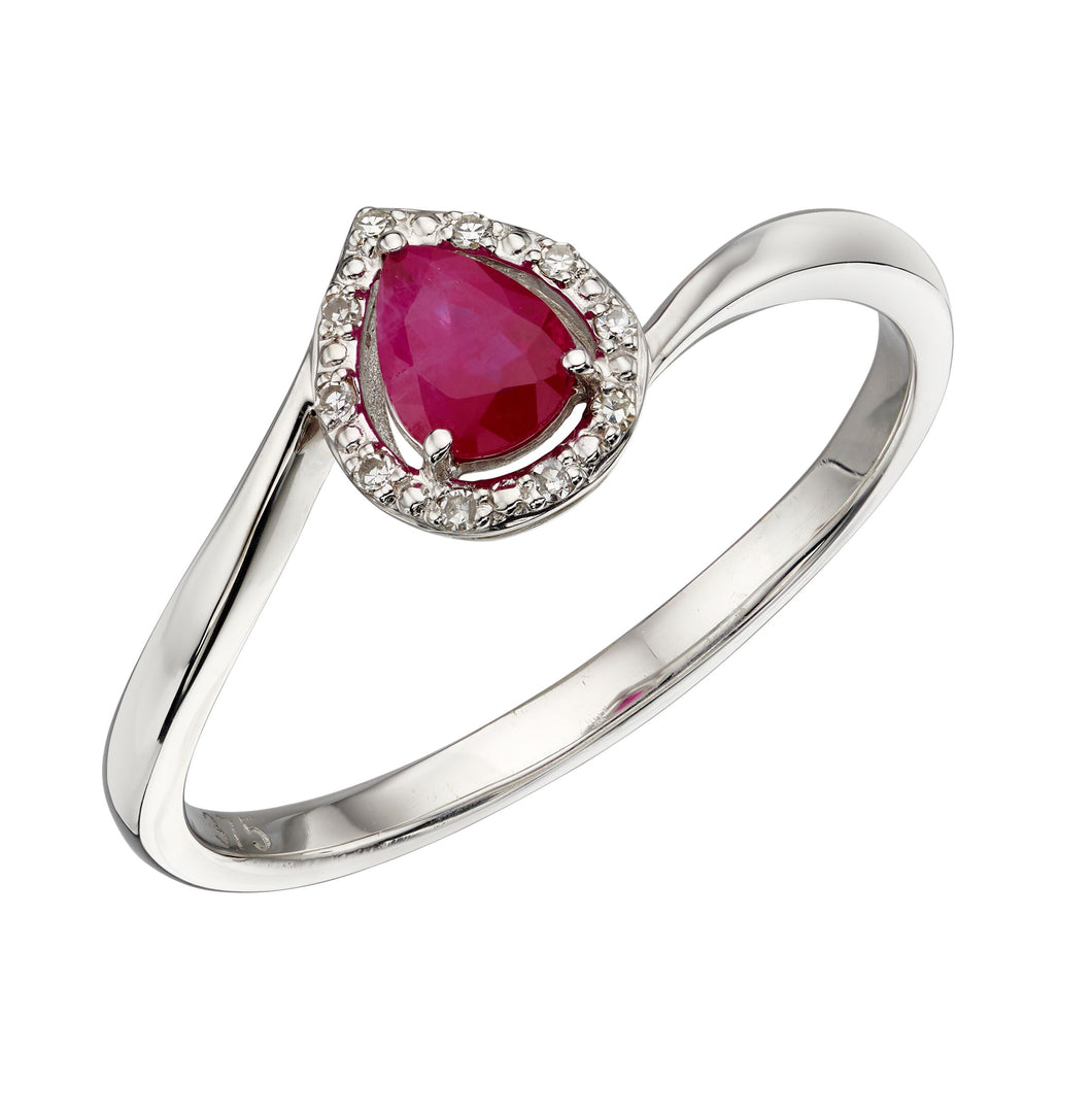 9ct White Gold Ruby and Diamond Pear Shaped Ring