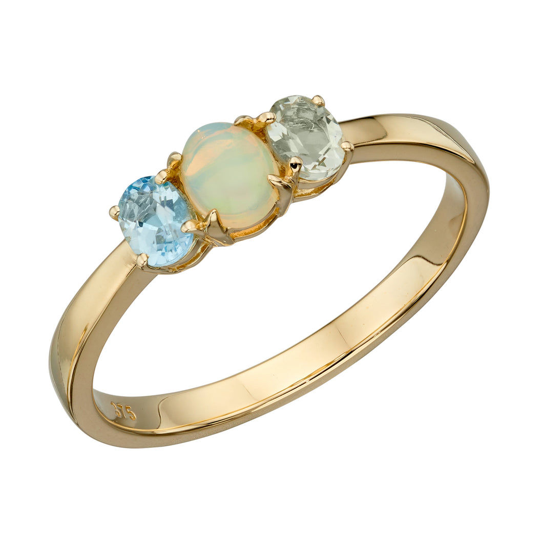 9ct Gold Opal, Blue Topaz & Green Amethyst Ring