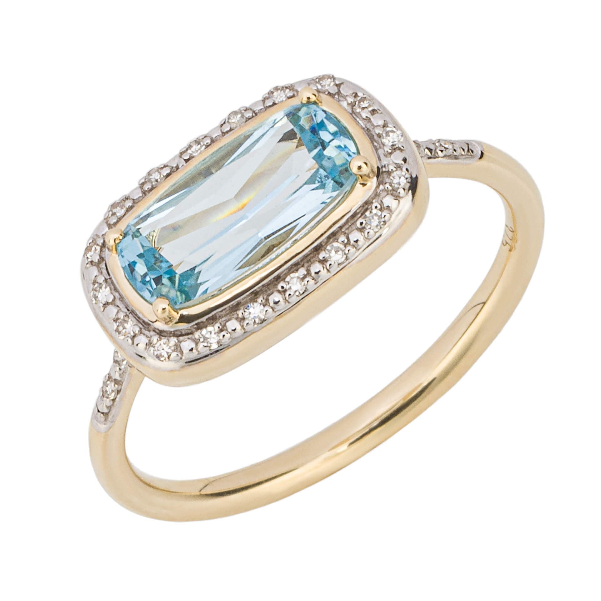 9ct Elongated Sky Blue Topaz And Diamond Surround Ring