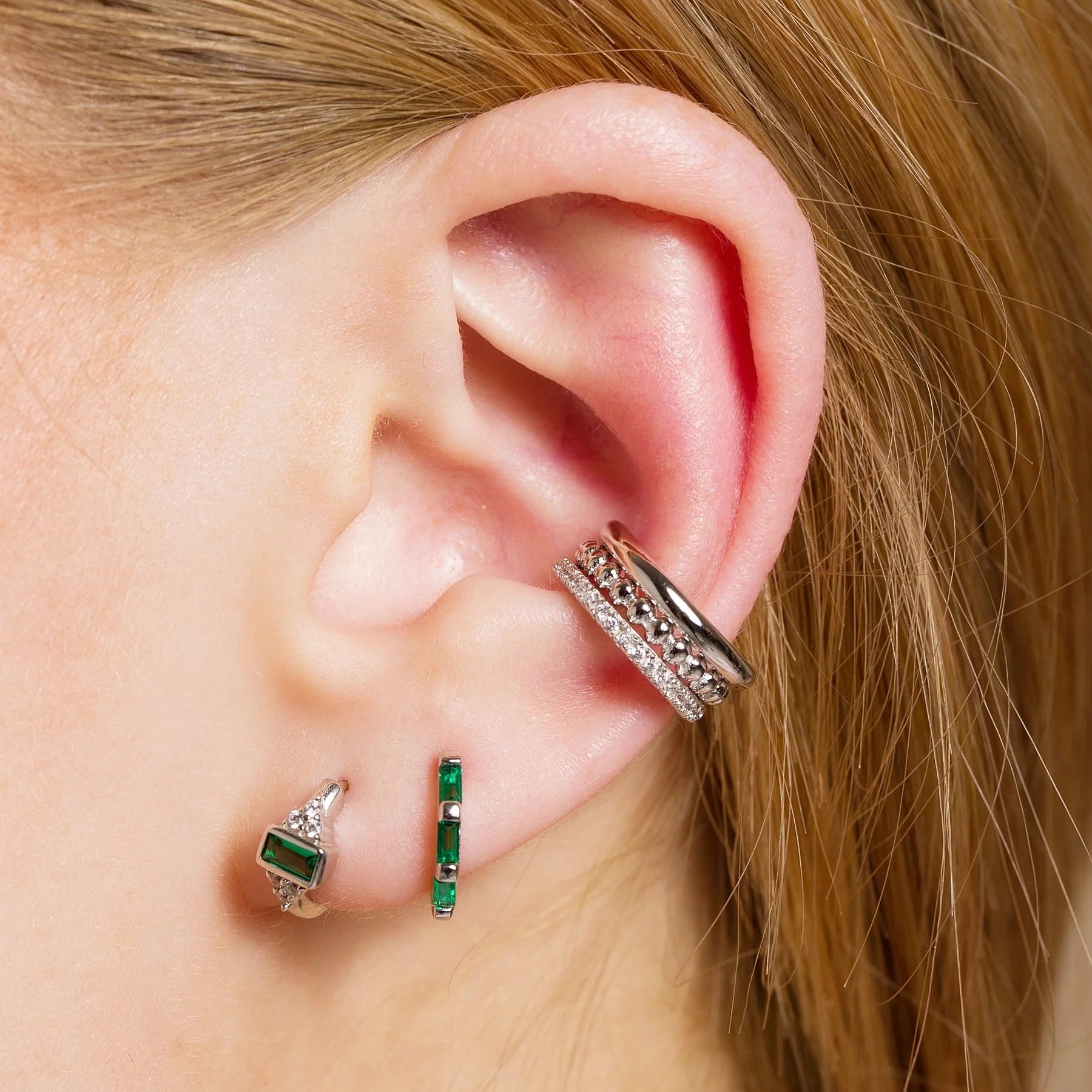 Baguette Huggie Earrings with Green Stones