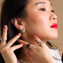Load image into Gallery viewer, Gold Oval Baguette Hoop Earrings with Green Stones
