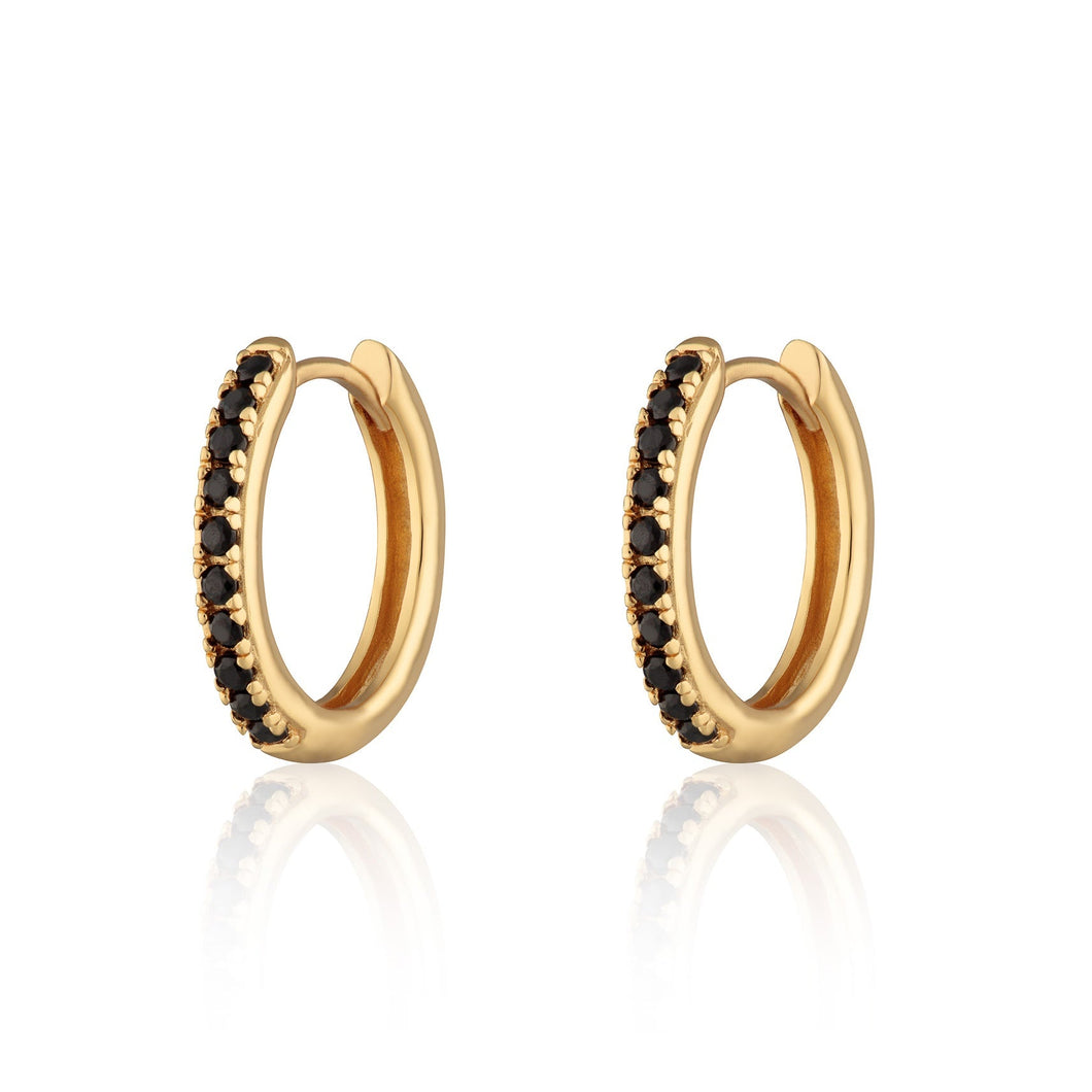 Gold Large Huggie Earrings with Black Stones