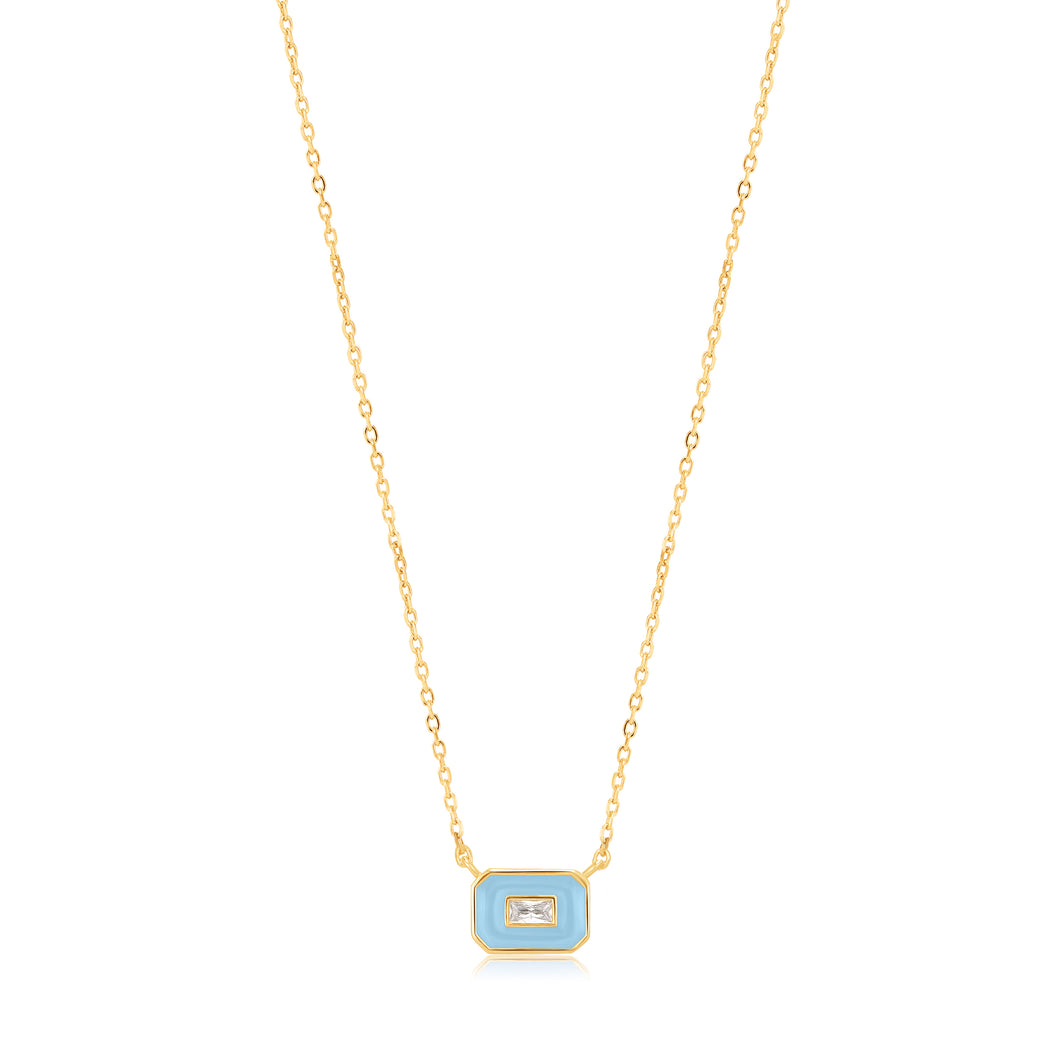 Powder Blue Enamel Emblem Gold Necklace N028-02G-B