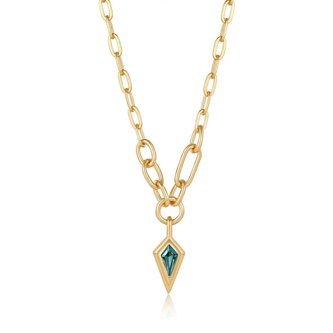 Gold Teal Sparkle Drop Pendant Chunky Chain Necklace N041-02G-G