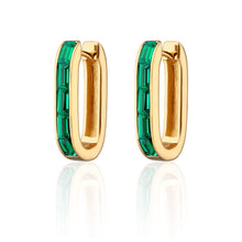Load image into Gallery viewer, Gold Oval Baguette Hoop Earrings with Green Stones
