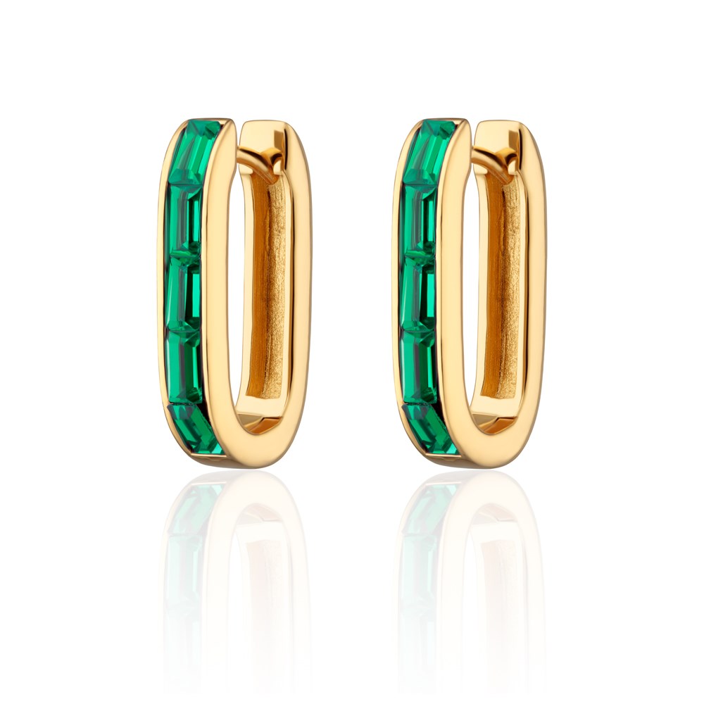 Gold Oval Baguette Hoop Earrings with Green Stones