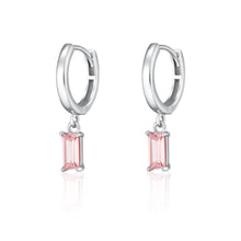 Load image into Gallery viewer, Silver Pink Baguette Charm Hoop Earrings
