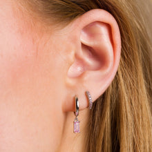 Load image into Gallery viewer, Silver Pink Baguette Charm Hoop Earrings
