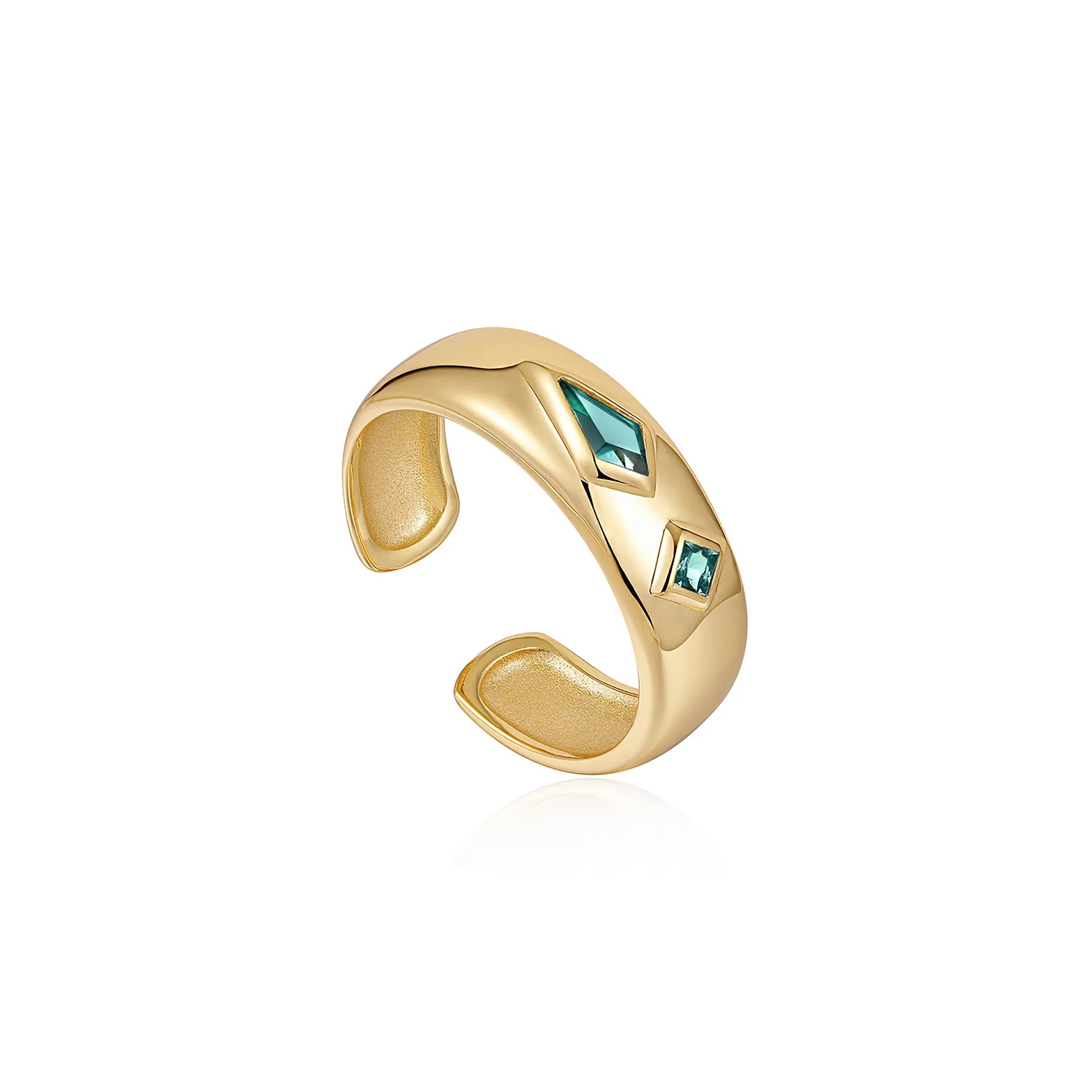 Gold Teal Sparkle Emblem Thick Band Ring R041-02G-G