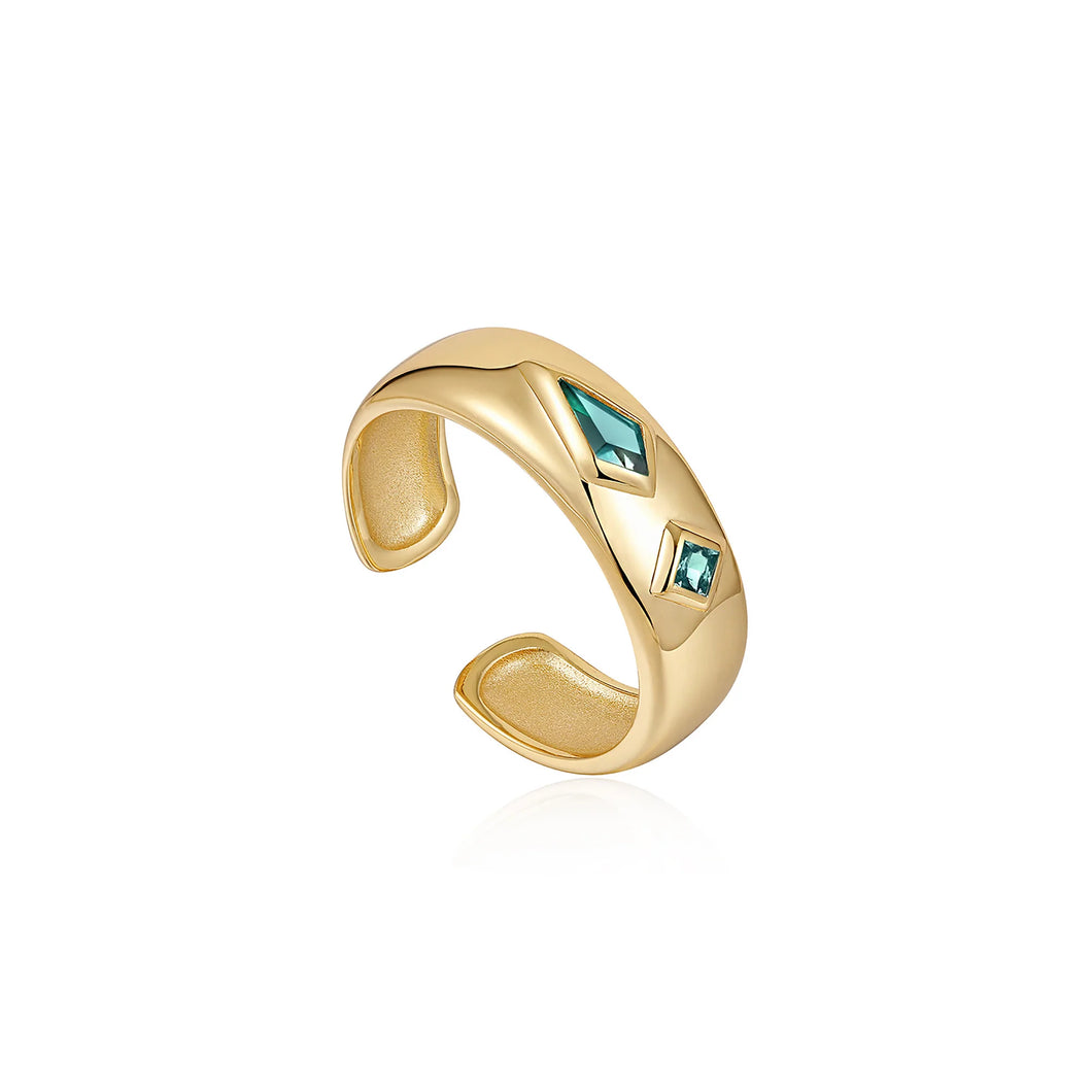 Gold Teal Sparkle Emblem Thick Band Ring R041-02G-G