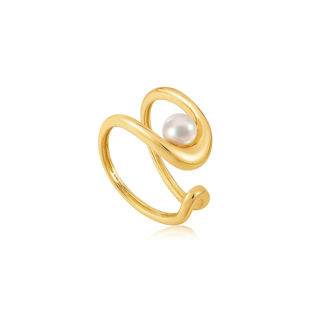 Gold Pearl Sculpted Adjustable Ring R043-02G