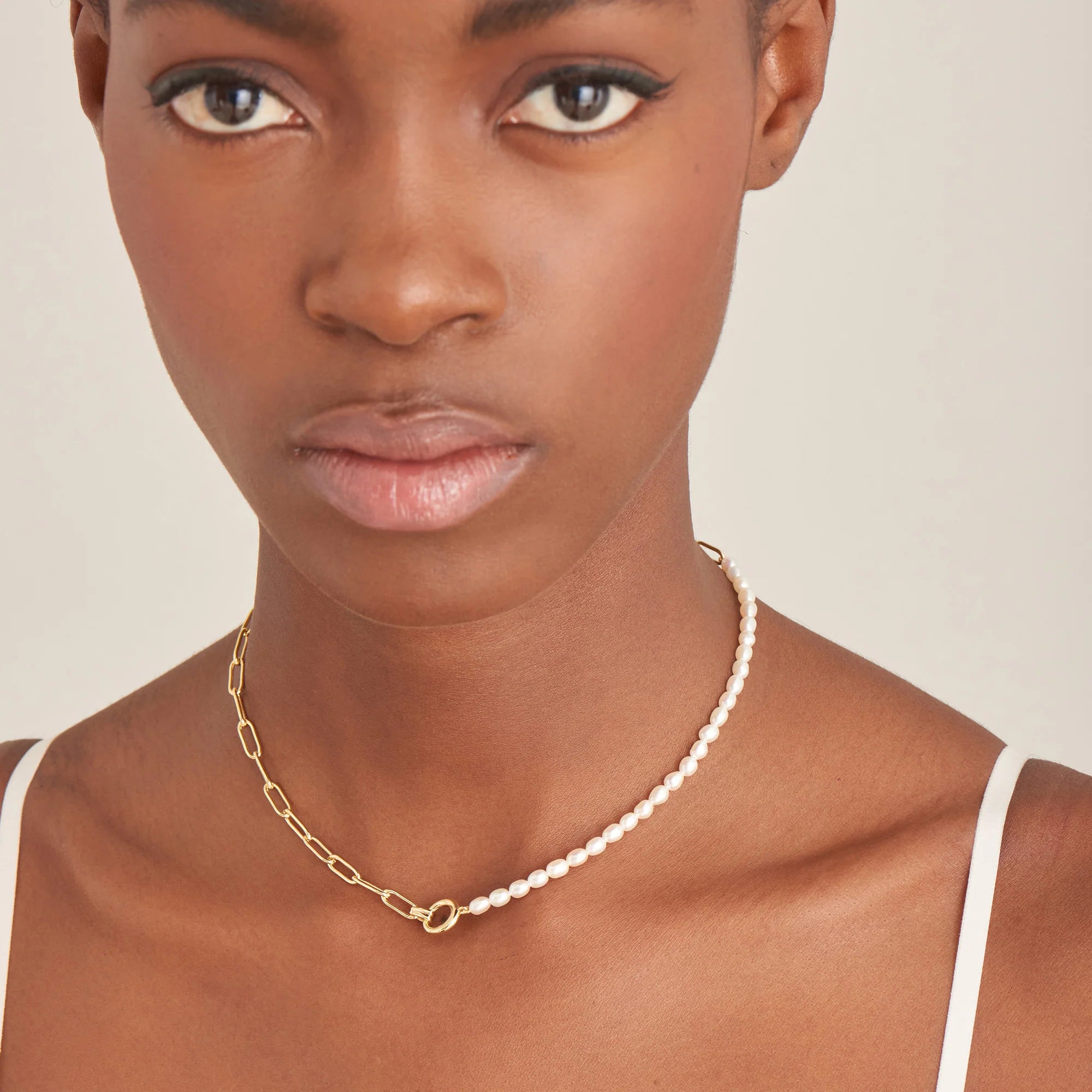 Gold Pearl Chunky Link Chain Necklace N043-01G