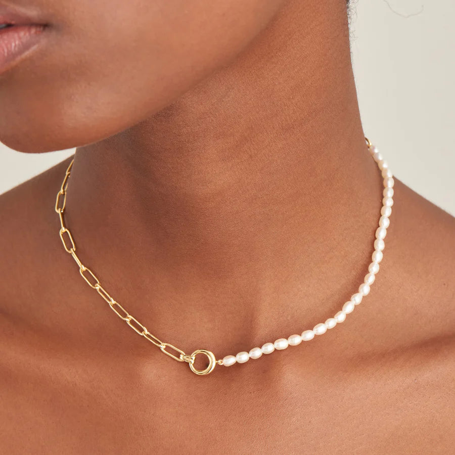 Gold Pearl Chunky Link Chain Necklace N043-01G