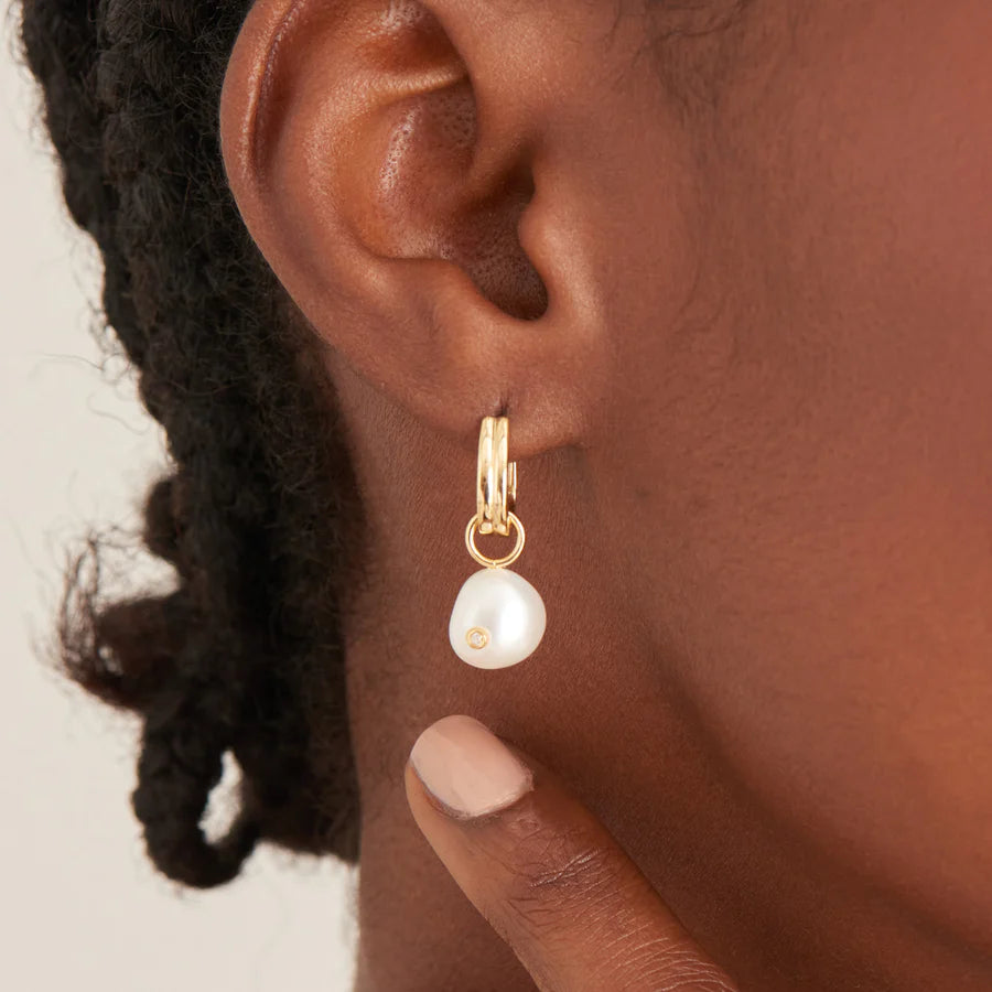 Gold Pearl Drop Sparkle Huggie Hoop Earrings E043-04G