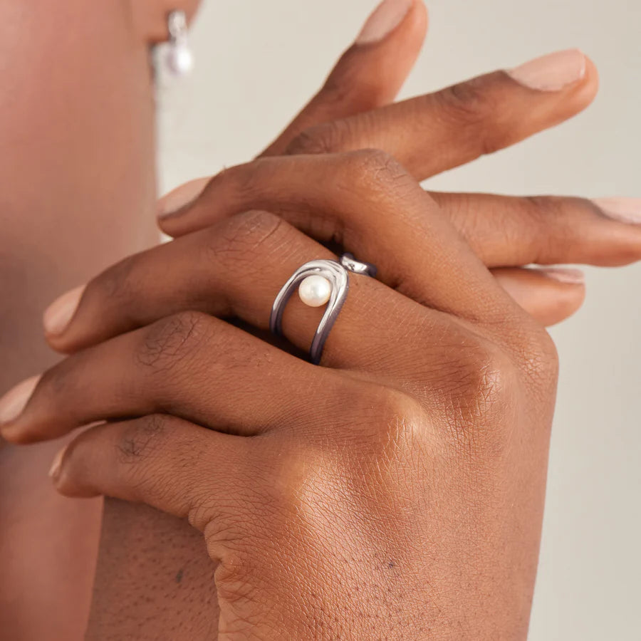 Silver Pearl Sculpted Adjustable Ring R043-02H