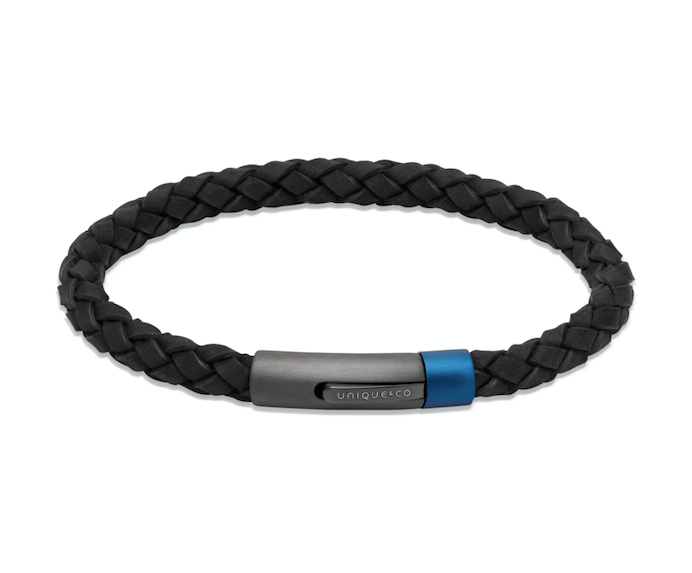 Black Leather Bracelet Edged with Blue IP Matte/Polished Clasp B504BL