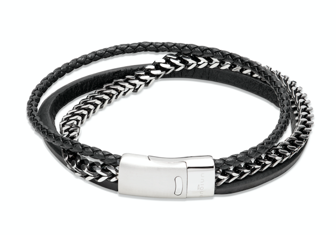 Black Leather bracelet with Steel Chain and Magnetic Clasp B509BL