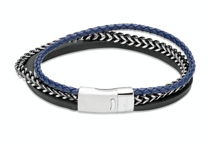 Black and Navy Blue Leather bracelet with Steel Chain and Magnetic Clasp B509NV
